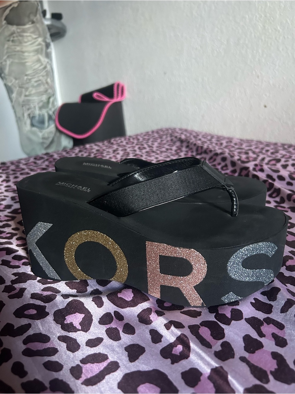 Michael Kors Black Platform Flip Flops with Multicolor Glitter Logo